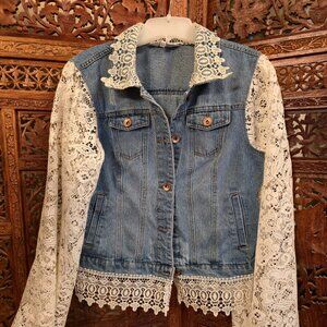 Upcycled women's boho denim jacket size Medium